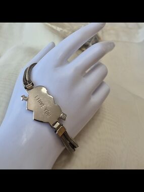 Vintage Silver-Tone 'I LOVE YOU' Double Heart ID Bracelet